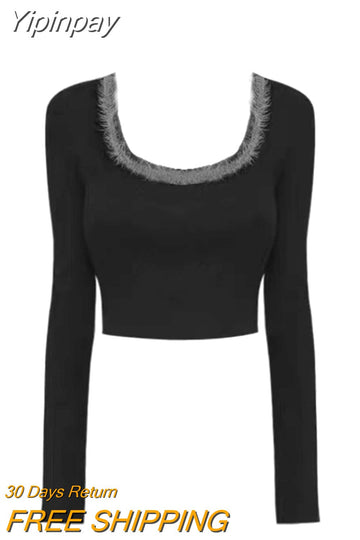 Yipinpay Slim Crop Tops Woman Casual Korean Style Pullover Pure Color 2023 Autumn Long Sleeve Knitted Short T-shirt Female Thin